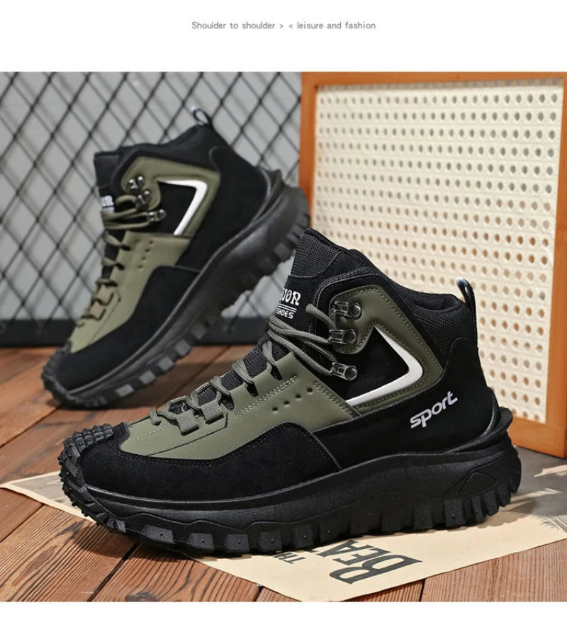 Black and Tan Mid-Top Hiking Boots Suede and Leather Platform Sneakers Non-Slip Outdoor Casual Shoes with Rugged Sole for All