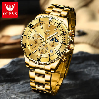 Relógio OLEVS para homem, marca de luxo, relógio militar de quartzo dourado, estanque, data luminosa, caixa em aço inoxidável.