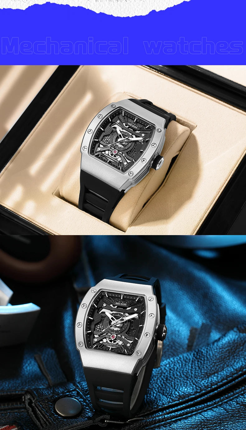 MEGIR Men's Automatic Mechanical Watch with Stainless Steel Case Silicone Strap Fashion Waterproof Luminous Wristwatch 8604