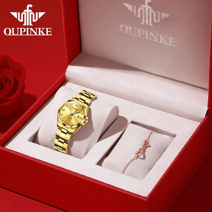 OUPINKE 3199 Real Diamond Automatic Watch for Women Sapphire Crystal Mirror 50M Waterproof Luxury Elegant Ladies Watch Set