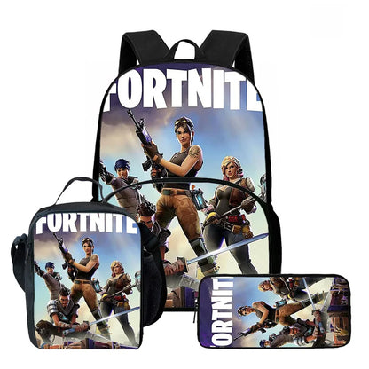 Fortnite Cartoon 3Pcs School Bag Set Unisex for Boys Girls, Backpack with Front Pocket, Lunch Bag and Pencil Case Best Gift