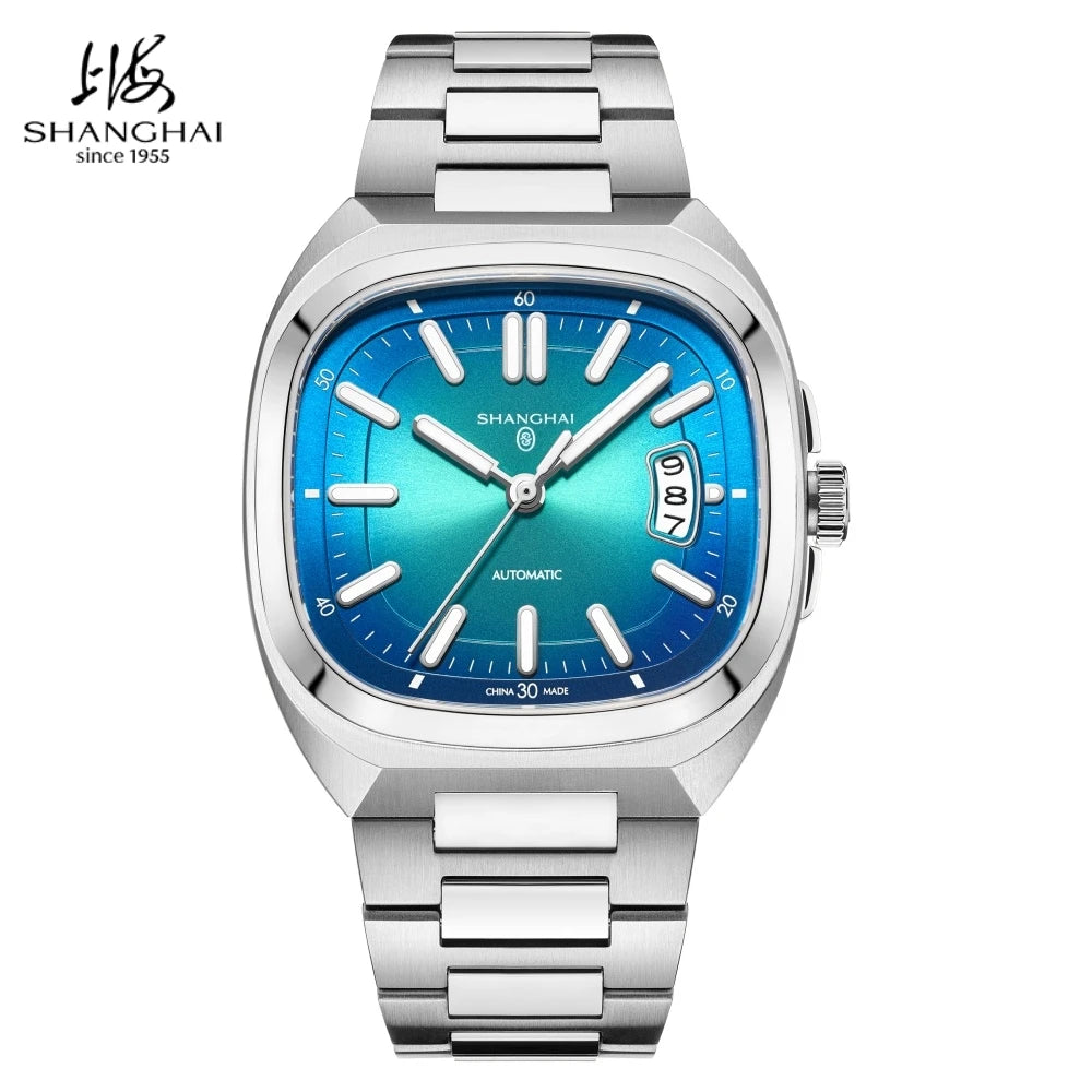 Shanghai Watch Automatic Mechanical Square Dial Men's Watch Luminous Water-Resistant to 50m Date Display Casual Wristwatch SH018