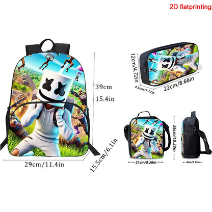Fortnite Cartoon 3Pcs School Bag Set Unisex for Boys Girls, Backpack with Front Pocket, Lunch Bag and Pencil Case Best Gift