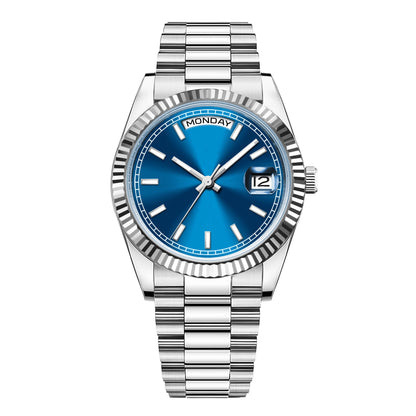 CORGEUT NH36 mechanische Herrenuhr mit Wochentags- und Datumsanzeige, President-Gliederarmband, Stahlgehäuse, geriffelter Arc-Lünette, wasserdicht