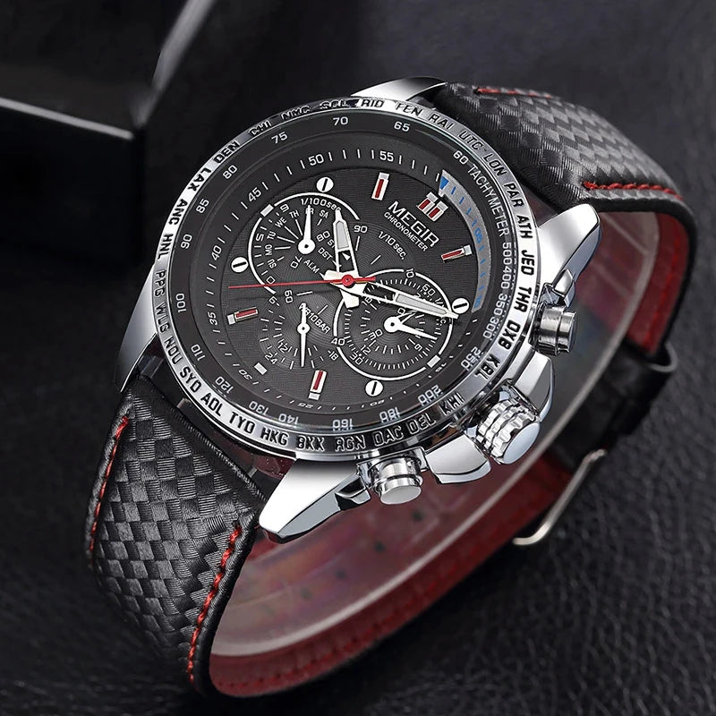 Orologio da polso analogico al quarzo da uomo MEGIR – Orologio di lusso impermeabile con cinturino in pelle, stile casual, modello 1010 (nero)