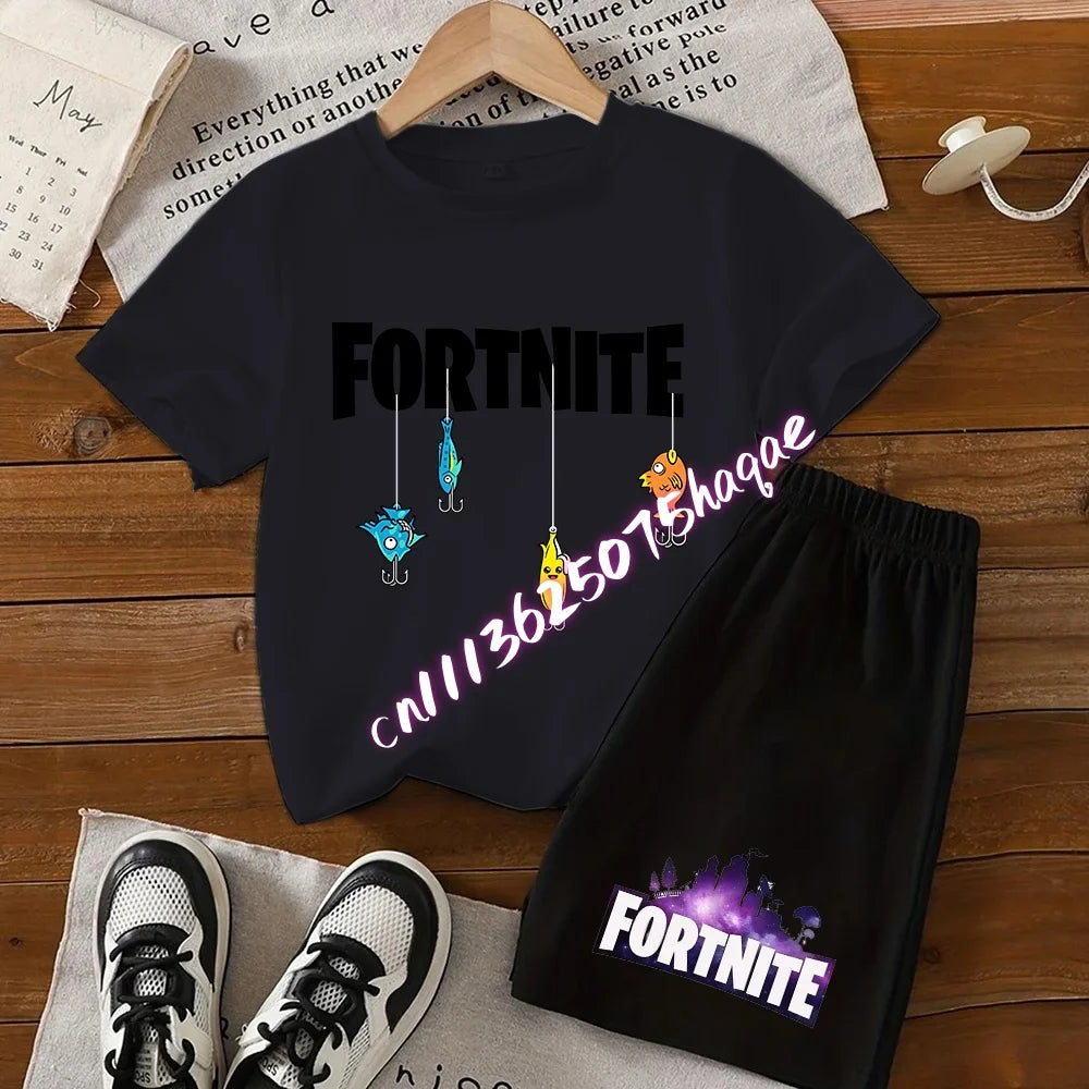 Summer Fortnite T-shirt Shorts for Boys and Girls Tee Pants Set 2pcs Children Clothing Tops T-shirts Fortress Night Print Tees Gift