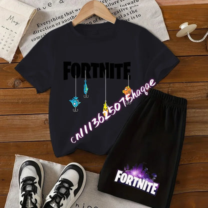 Summer Fortnite T-shirt Shorts for Boys and Girls Tee Pants Set 2pcs Children Clothing Tops T-shirts Fortress Night Print Tees Gift
