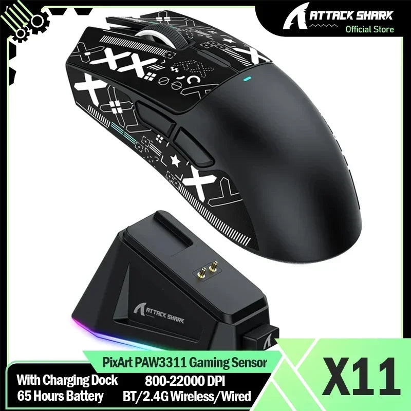 Mouse da gaming wireless Original Brand ATTACK SHARK X11 con dock di ricarica, sensore gaming PixArt PAW3311, Origin BT/2.4G wireless/cablato