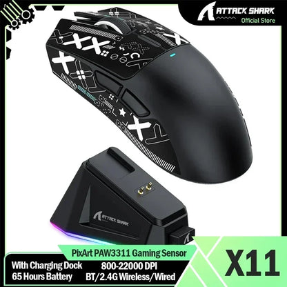 Mouse da gaming wireless Original Brand ATTACK SHARK X11 con dock di ricarica, sensore gaming PixArt PAW3311, Origin BT/2.4G wireless/cablato
