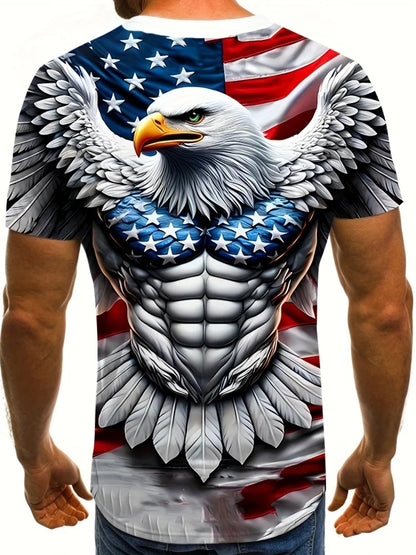 Men's Patriotic 3D Eagle Print T-Shirt Casual Crew Neck Short Sleeve Pullover for Summer Fashion Outdoor Activities Men's Clothing