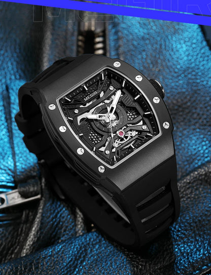 MEGIR Men's Automatic Mechanical Watch with Stainless Steel Case Silicone Strap Fashion Waterproof Luminous Wristwatch 8604