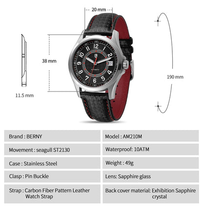 BERNY Automatic Mechanical Watches for Men 38mm Super Luminous PT5000 ST2130 High Precision Luxury Sapphire Wristwatch Easy Read