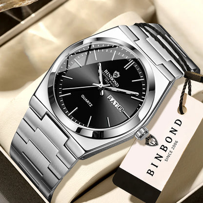 BINBOND luxury quartz wristwatch, luminous, water-resistant, day of the week, automatic date, steel bracelet, business, sport, fashion and casual styles.