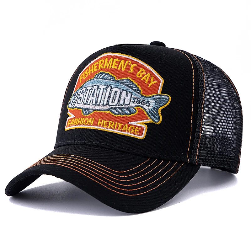 Unisex Summer Fishing Cap Breathable Mesh Trucker Hat Men Women Big Fish Fisherman Embroidered Snapback Hat Outdoor Fishing