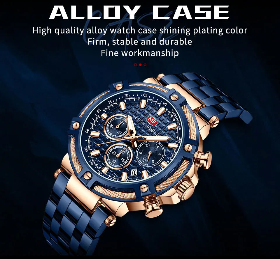 MINI FOCUS Black Stainless Steel Quartz Watch Men Fashion Luminous Dress Wristwatch with Date 24-hour Display Chronograph 0470