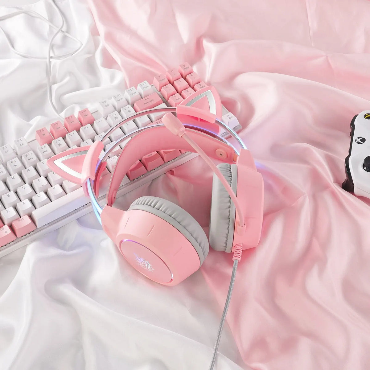 ONIKUMA-Casque supra-auriculaire X15 Pro, casque de jeu, écouteurs filaires à suppression, oreilles de chat rose, lumière RVB avec micro, PC, PS4