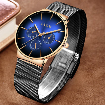 LIGE women’s watch, elegant and on-trend – sporty-casual style, mesh strap, quartz movement, date and day display, water-resistant.