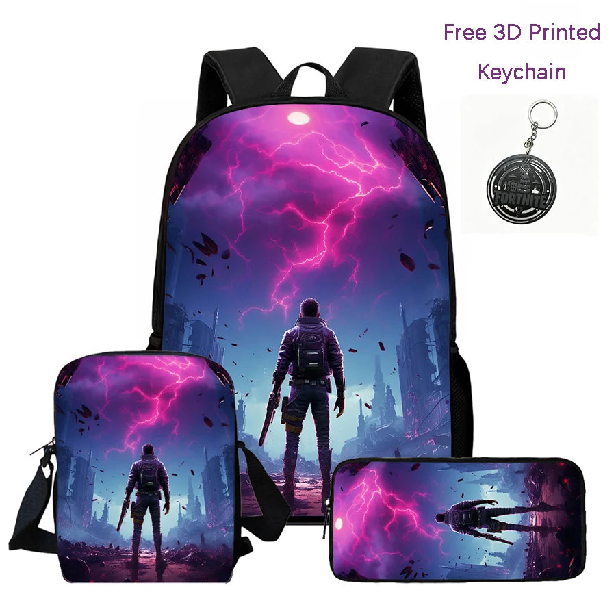 3Pcs Kids Backpack Set, Crossbody & Pencil Bag, FORTNITE Cartoon Bag, Lightweight for Boys Girls 6-10, Free 3D Printed Keychain