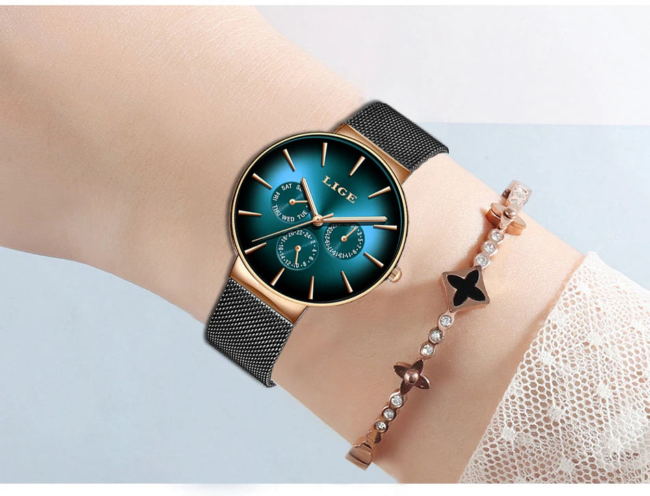 LIGE women’s watch, elegant and on-trend – sporty-casual style, mesh strap, quartz movement, date and day display, water-resistant.