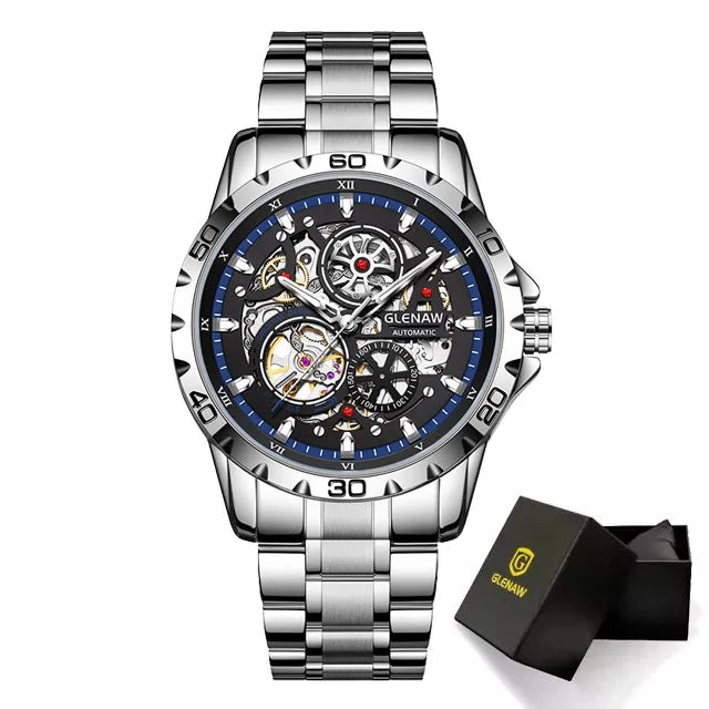 Montre-bracelet mécanique automatique pour homme GLENAW, style Steampunk avec cadran squelette, modèle de luxe, étanche, dotée d'aiguilles luminescentes et d'un bracelet en acier inoxydable.