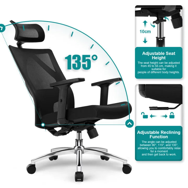 Daccormax Ergonomic Office Chair with 3D Lumbar Support, Mesh Desk Chair, Adjustable Headrest, Reclining Swivel Computer Chair for Home Office