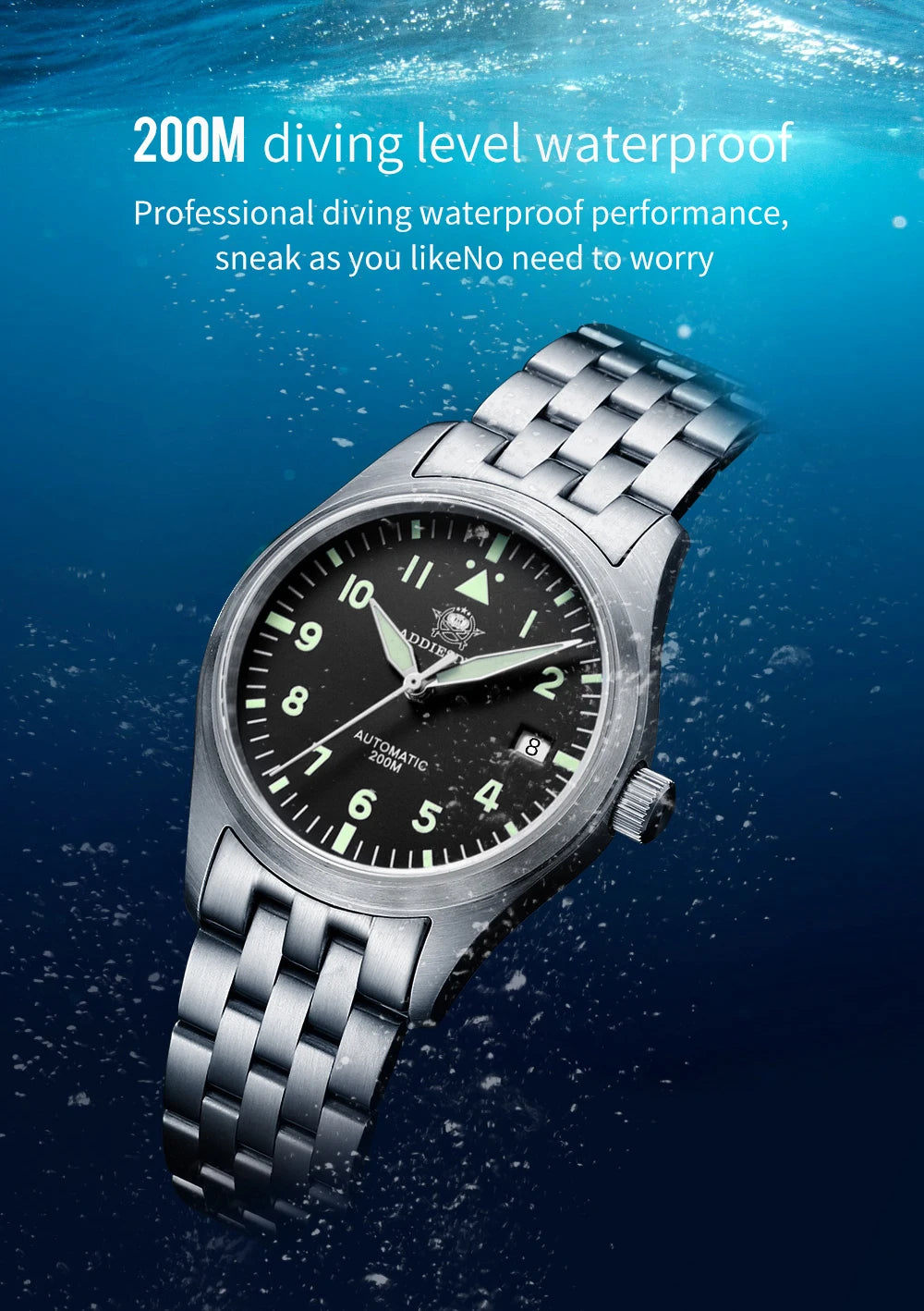 ADDIESDIVE Fashion Retro Personalized Watches 200m Waterproof C3 Luminous Steel Watch Sapphire Glass Mechanical Analog Watches
