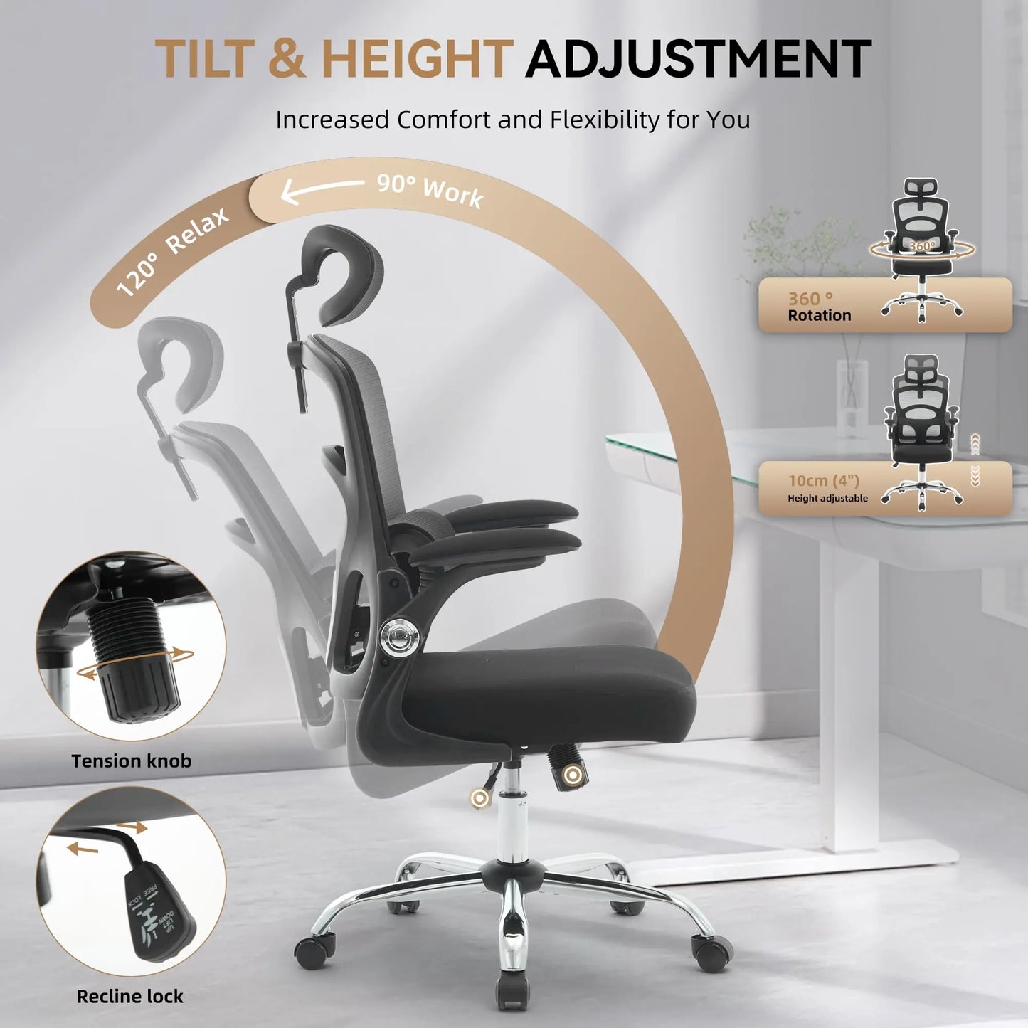 Ergonomic High Back Office Chair with Adjustable Headrest, Lumbar Support, Mesh Computer Gaming Chair, 360° Swivel Rolling Desk Chair