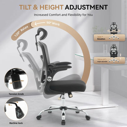 Ergonomic High Back Office Chair with Adjustable Headrest, Lumbar Support, Mesh Computer Gaming Chair, 360° Swivel Rolling Desk Chair
