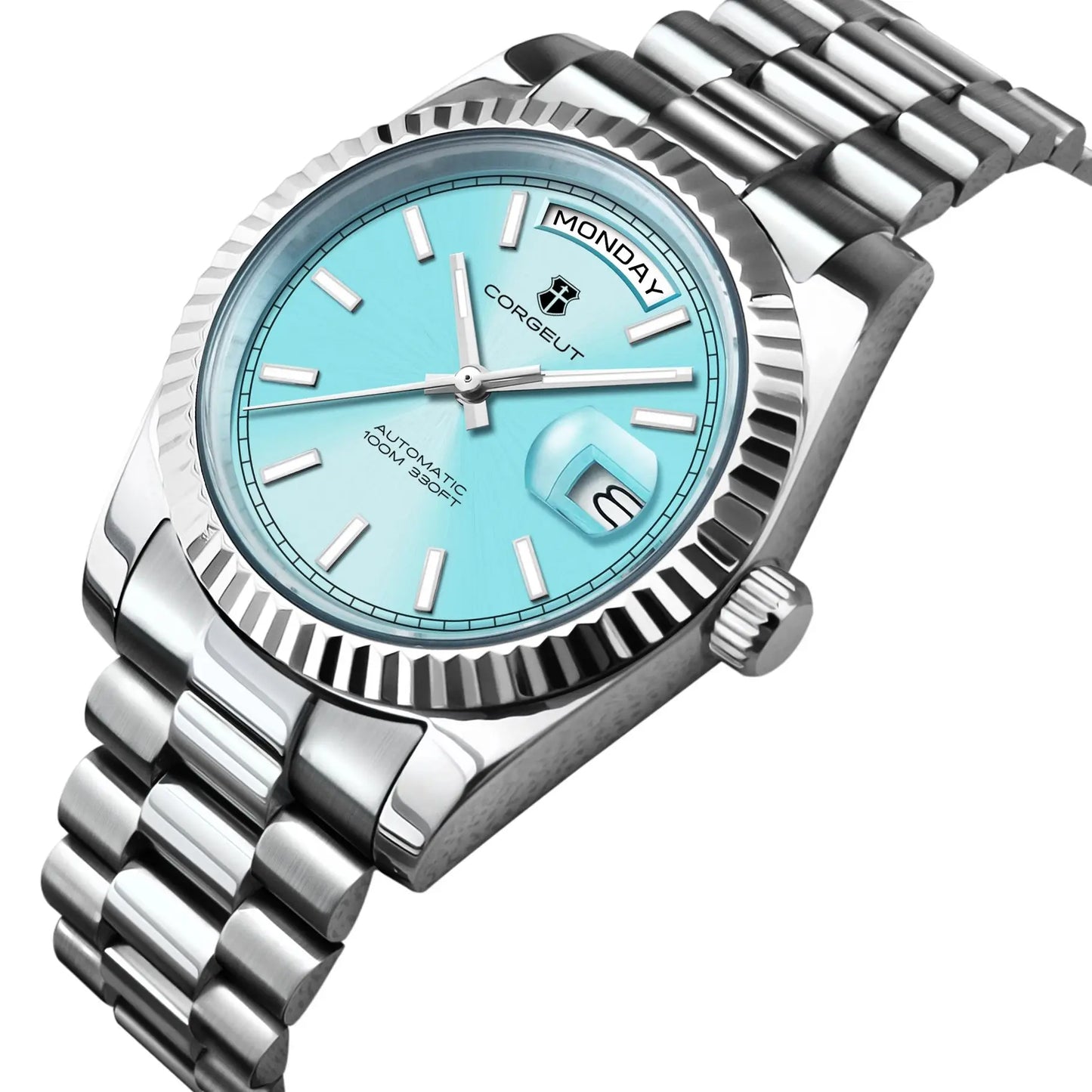 CORGEUT NH36 mechanische Herrenuhr mit Wochentags- und Datumsanzeige, President-Gliederarmband, Stahlgehäuse, geriffelter Arc-Lünette, wasserdicht