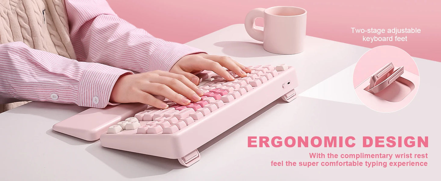 YUNZII B87 Pink Mechanical Gaming Keyboard, QMK/VIA Custom Gasket RGB Keyboard, Wireless Aesthetic Keeb, Wrist Rest for Win/Mac