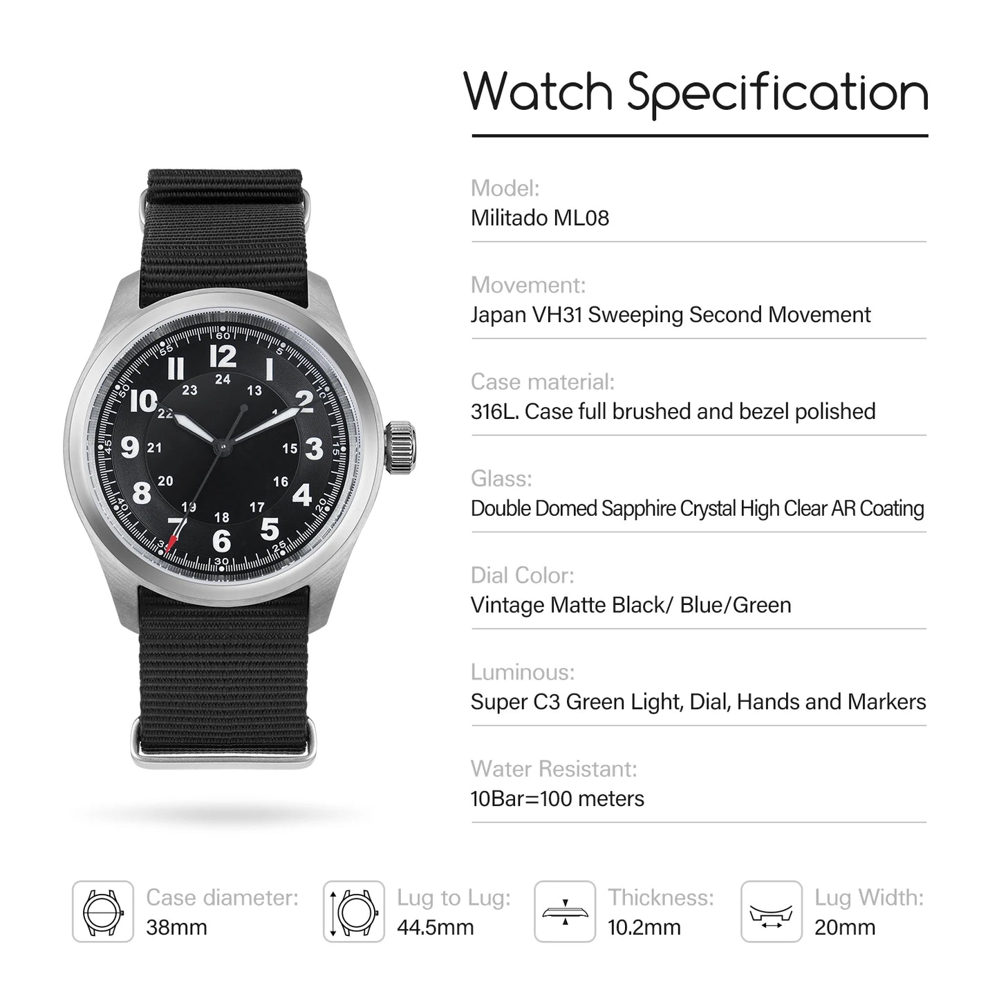 Militado ML08 Vintage Watch VH31 Quartz Movement Domed Sapphire Crystal Wristwatch BGW9 Luminous Vintage 38mm Quartz Watches