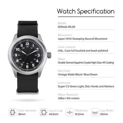 Militado ML08 Vintage Watch VH31 Quartz Movement Domed Sapphire Crystal Wristwatch BGW9 Luminous Vintage 38mm Quartz Watches