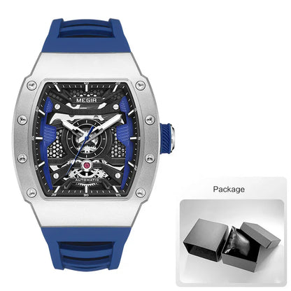 MEGIR Men's Automatic Mechanical Watch with Stainless Steel Case Silicone Strap Fashion Waterproof Luminous Wristwatch 8604