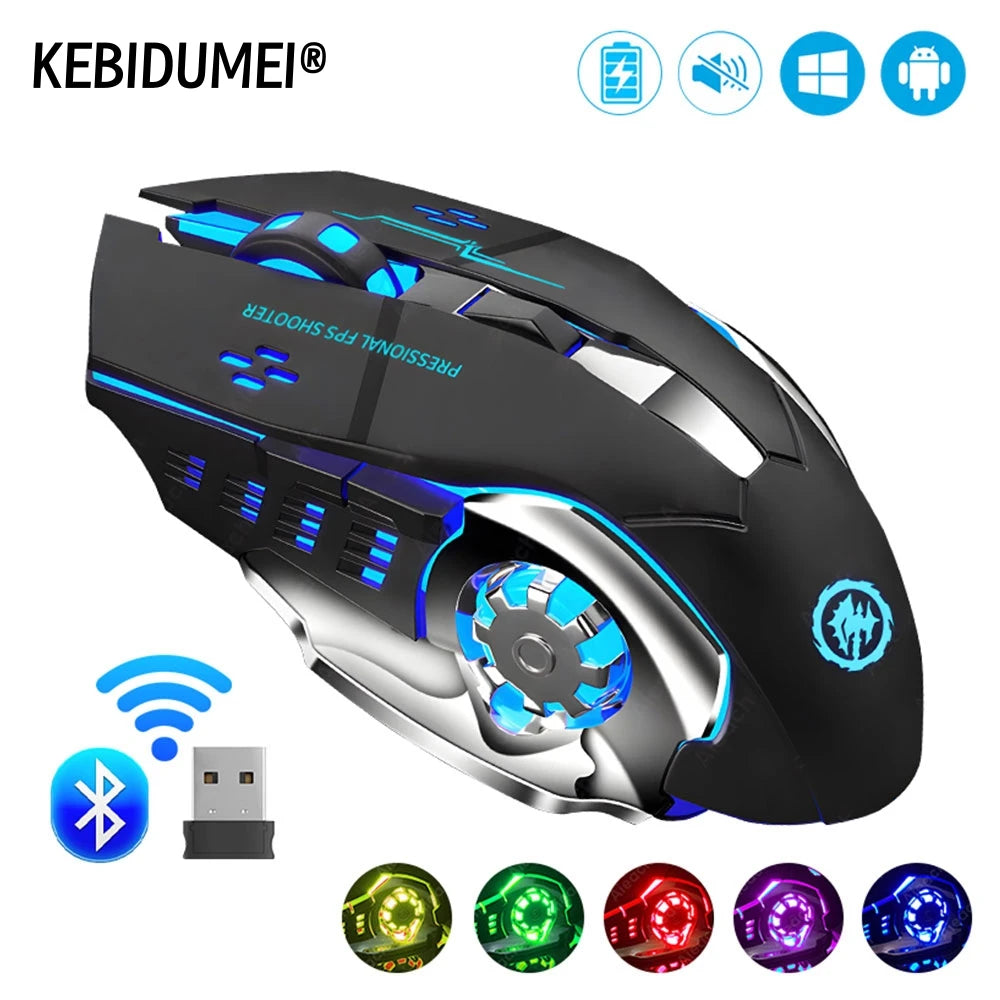 Презареждаща се безжична гейминг мишка за компютър – безшумна Bluetooth мишка с USB, механичен e-sports дизайн и подсветка за PC геймъри