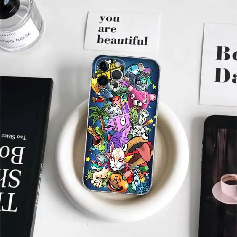 Cartoon B-Battle-R-Royale-F-FortniteS for iPhone 17 16 15 14 13 12 11 Pro Max Plus Transparent Soft TPU Phone Cover