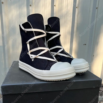 Casual High Top Quality Black Designer Men Leather Shoe Ro Pentagram Thick-sole Zip Flat Canvas Luxury Women Ankle boot Sneakers