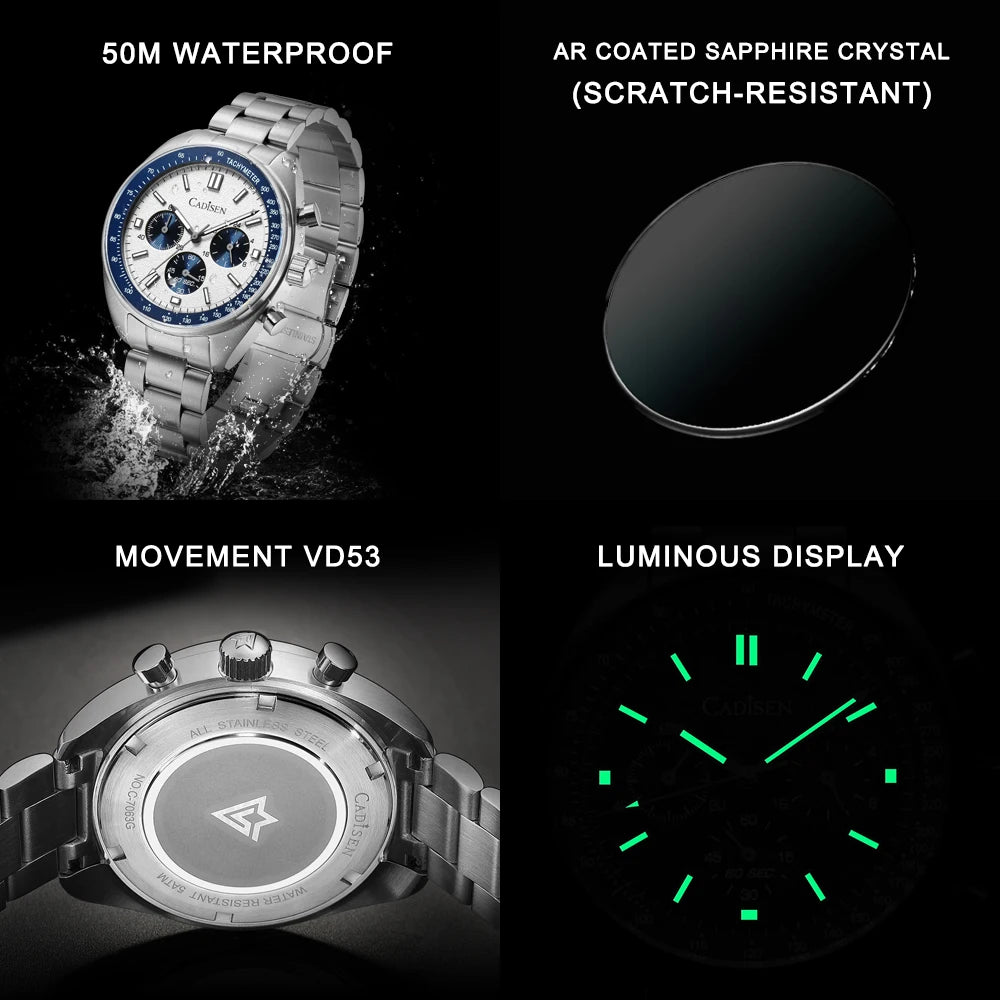 CADISEN 2024 New Men's Watches Quartz Business Watches Japan VD53 Men's Clock Top Brand Luxury Watch Men's Chronograph Watch