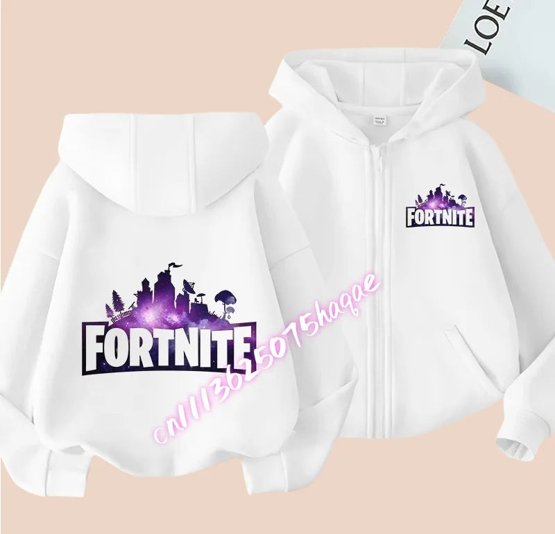Nieuw Fortnite-kinderhoodiejack met cartoon-gamepersonageprint en rits, herfst- en winterjas voor kinderen, jongenskleding
