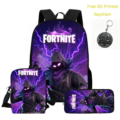 3Pcs Kids Backpack Set, Crossbody & Pencil Bag, FORTNITE Cartoon Bag, Lightweight for Boys and Girls Ages 5-10, Free 3D Printed Keychain
