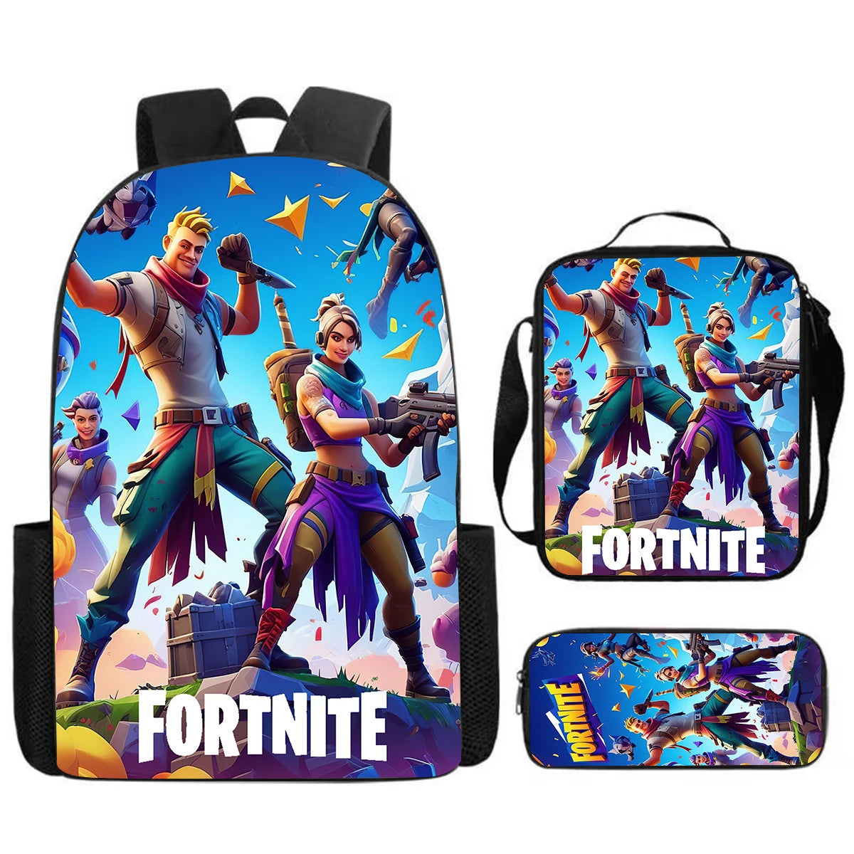 Fortnite Cartoon 3pcs Set, Large Capacity Suitable for Boys and Girls Aged 5-8, Includes Backpack, Dinner Bag, and Pencil Case