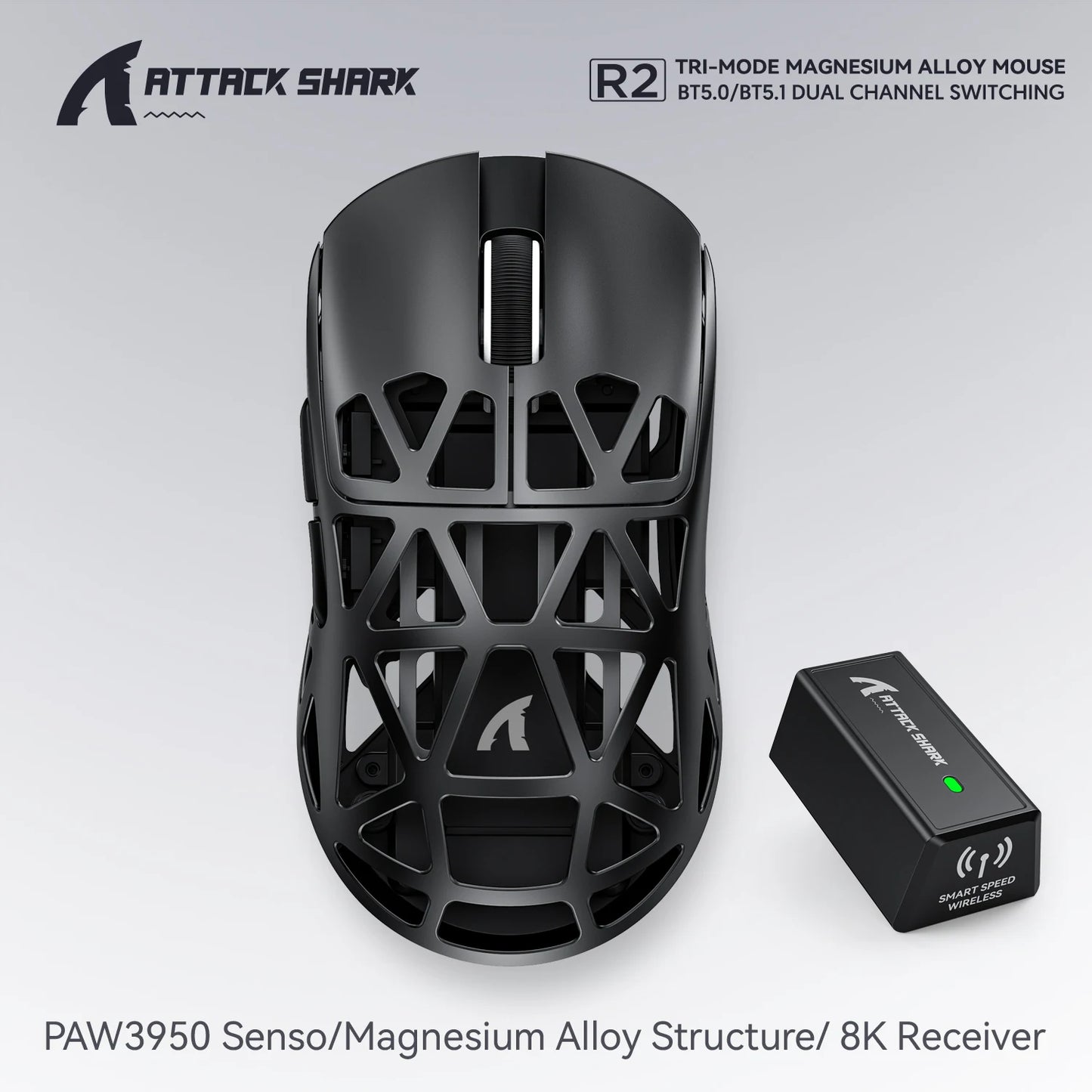 Attack Shark R2 trådlös gamingmus PAW3950 8K i magnesiumlegering, lätt gamingmus med Bluetooth Tri-Mode för gaming/kontor