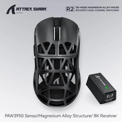 Attack Shark R2 trådlös gamingmus PAW3950 8K i magnesiumlegering, lätt gamingmus med Bluetooth Tri-Mode för gaming/kontor