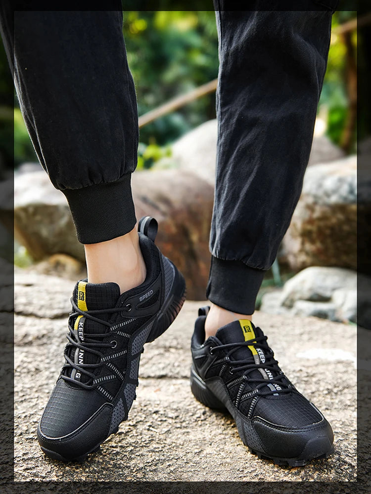 Męskie buty turystyczne – buty sportowe do terenów o zróżnicowanym ukształtowaniu terenu, z oddychającą siateczką, antypoślizgowe, odporne na zużycie – buty turystyczne i rowerowe