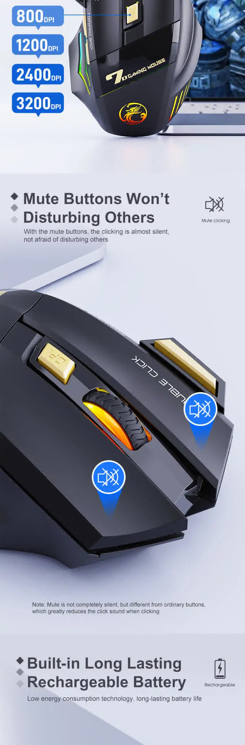 Langaton Bluetooth-hiiri, ladattava tietokonehiiri, ergonominen pelihiiri pelaajille, RGB-taustavalaistu hiljainen hiiri PC:lle