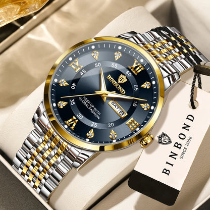 Montre-bracelet à quartz de luxe BINBOND pour homme – Étanche, lumineuse, avec affichage du jour de la semaine – Style business, sport, mode et décontracté