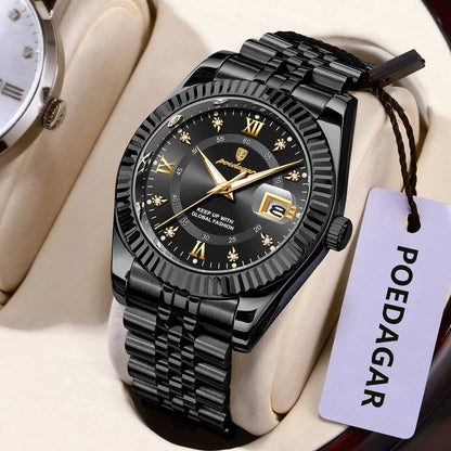POEDAGAR Herrenuhr – Luxusmodell, wasserdicht, aus Edelstahl, mit Leuchtanzeige, im Militärstil, mit Datumsanzeige, Quarzwerk, ideal für die Arbeit oder berufliche Anlässe.