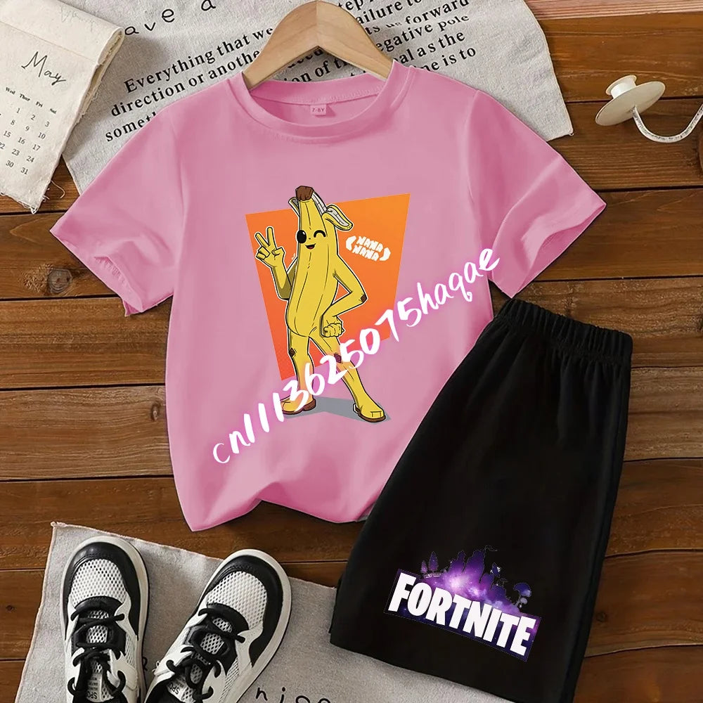 Fortnite Series T-shirt Shorts Suit for Children Hot Game Top and Pants Set Summer Cute Home Loungewear Outfit Birthday Gift