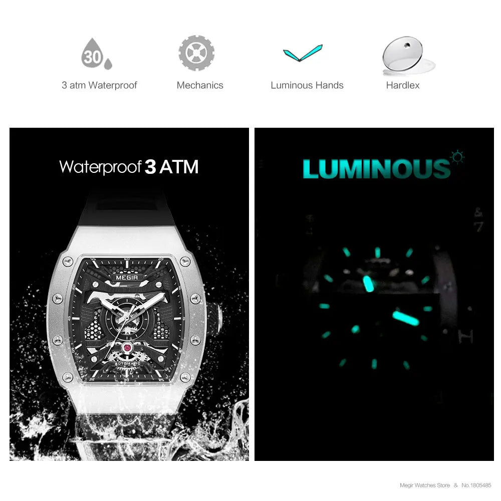 MEGIR Men's Automatic Mechanical Watch with Stainless Steel Case Silicone Strap Fashion Waterproof Luminous Wristwatch 8604