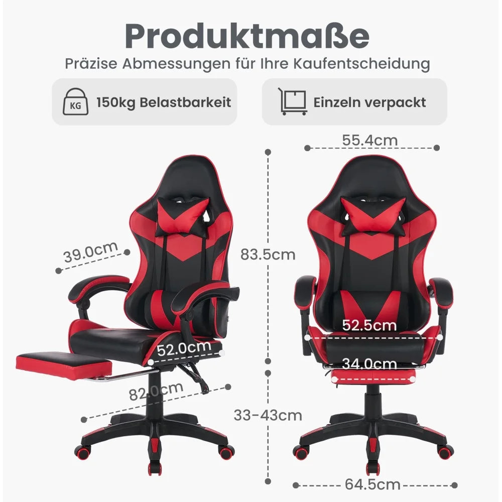 Ergonomic Racing Gaming Chair with Lumbar Support, Massage Function, Footrest, Reclining Leather Gaming Chair for Office & PC Gaming