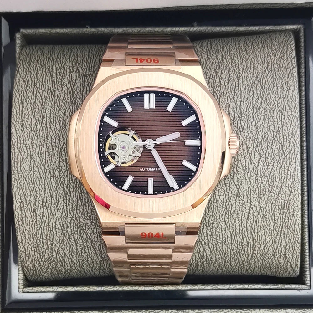 Luxury Rose Gold 40MM Square NH38 Movement Automatic Mechanical Men's Watch Sapphire Crystal Date Stainless Steel Strap